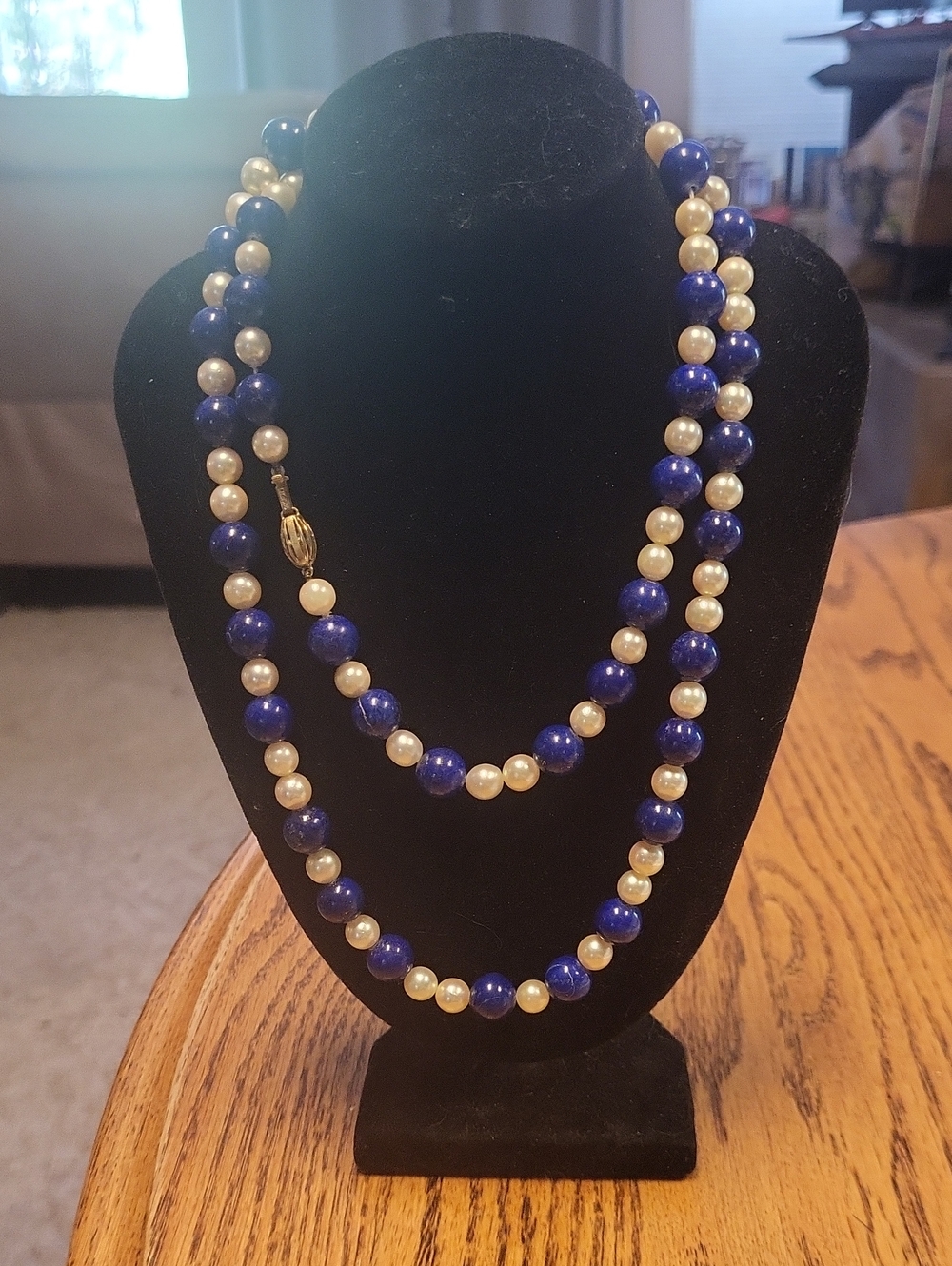 Akoya Pearl and Lapis Lazuli Necklace 14 KT Gold Clasp 33"
